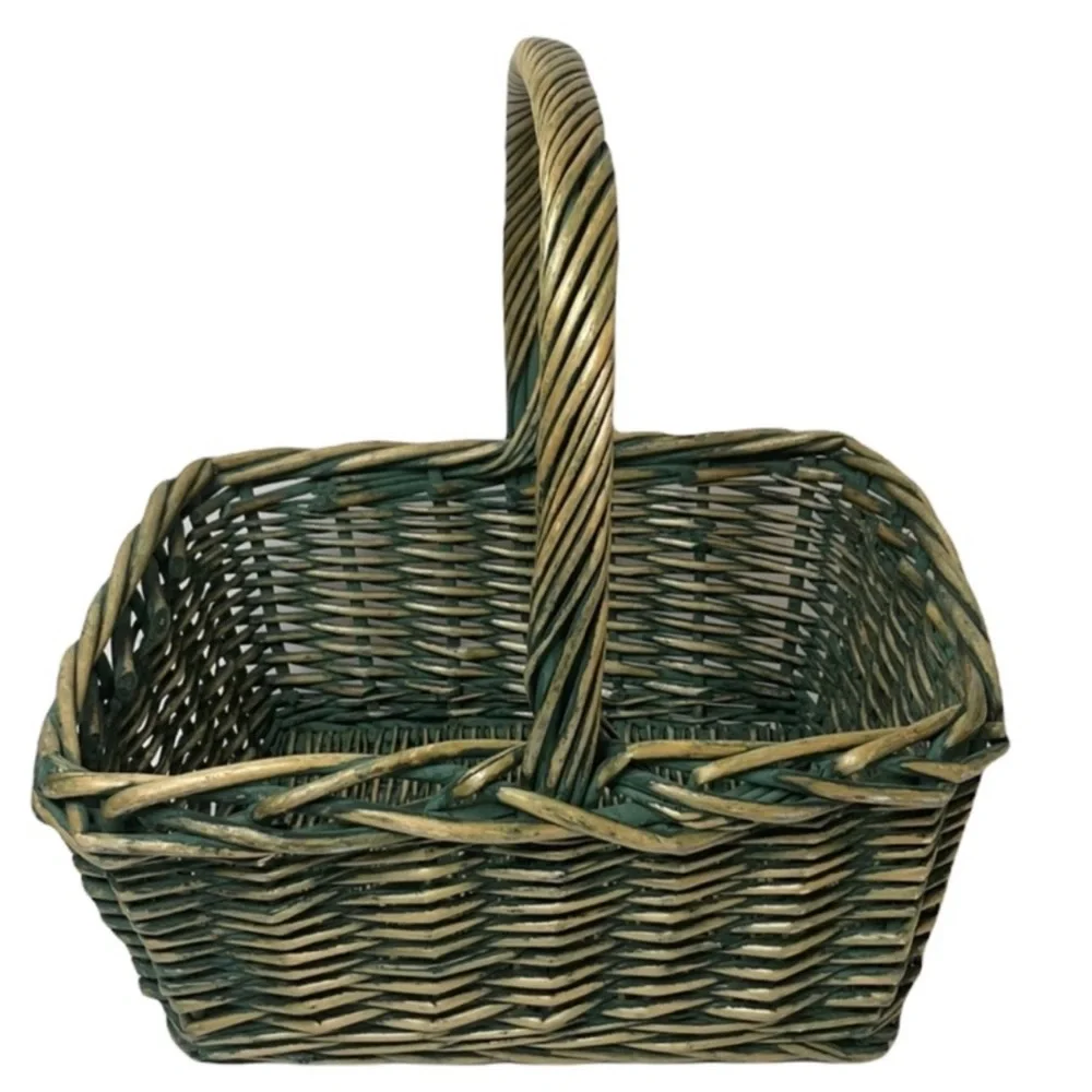 Handwoven Artisan Basket Very Large Sturdy Storage Picnic Basket Rectangle Green